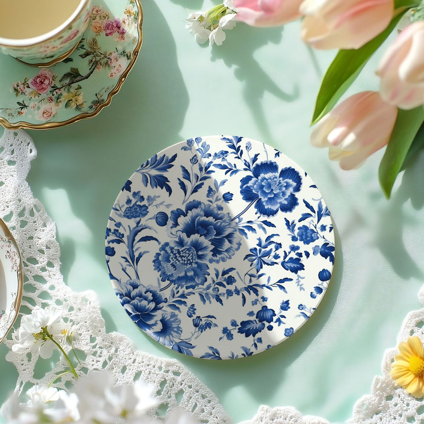 Blue white drink coasters
Asian inspired coasters
Chinoiserie home decor
Blue floral drinkware
Ginger jar accessories